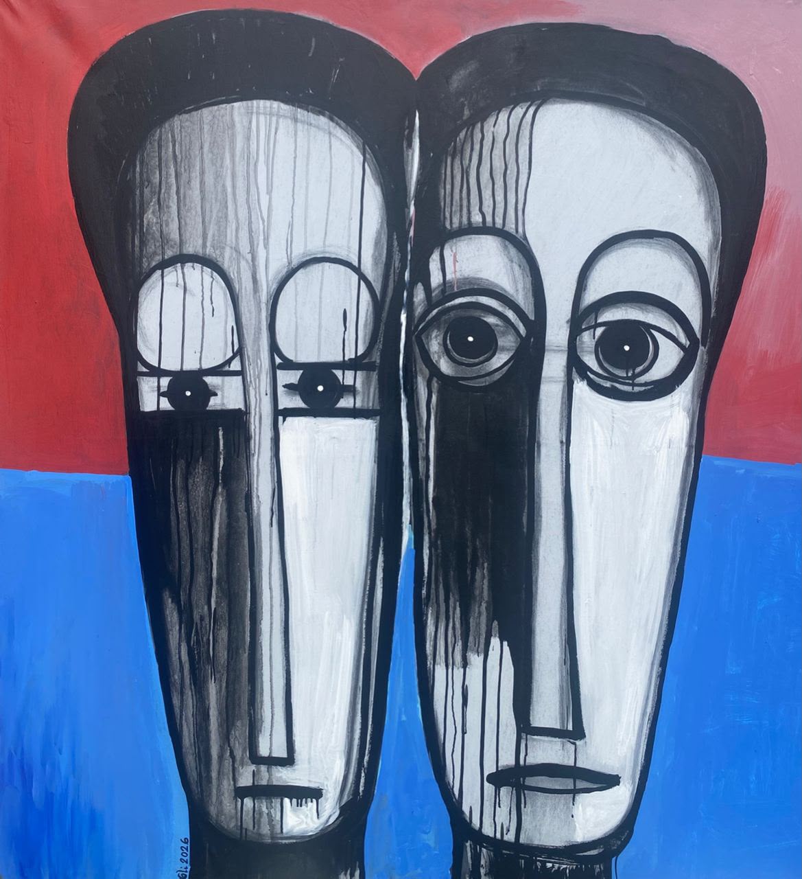 Two elongated faces outlined in black against red and blue fields.