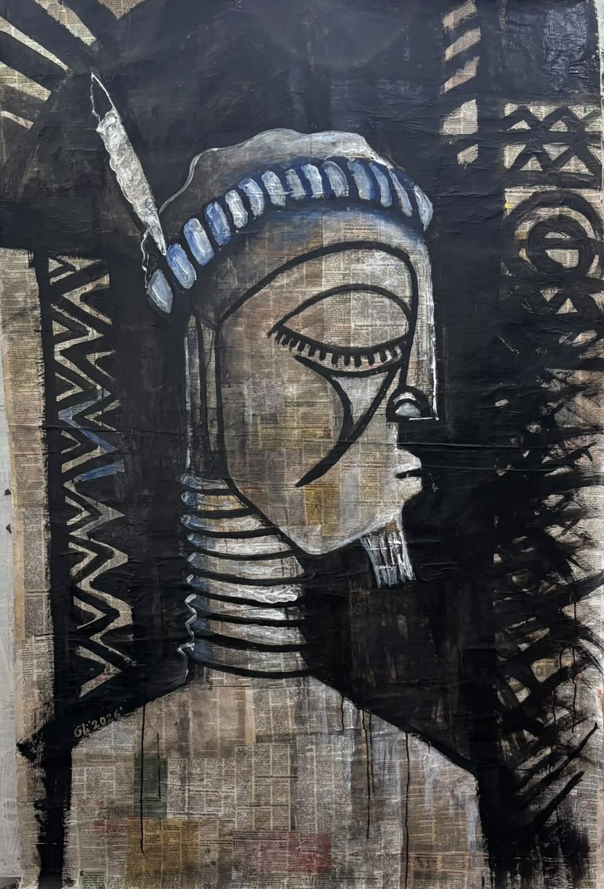 A stylised profile with closed eyes and a beaded headdress, painted over newspaper.