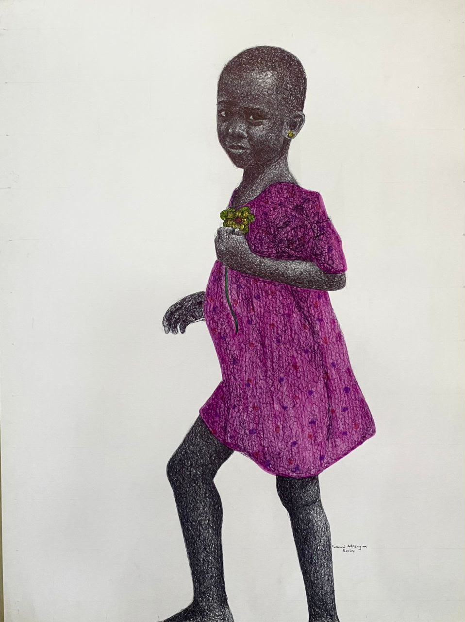 A child in a purple dress holding a flower, rendered in intricate dark lines against a pale background.