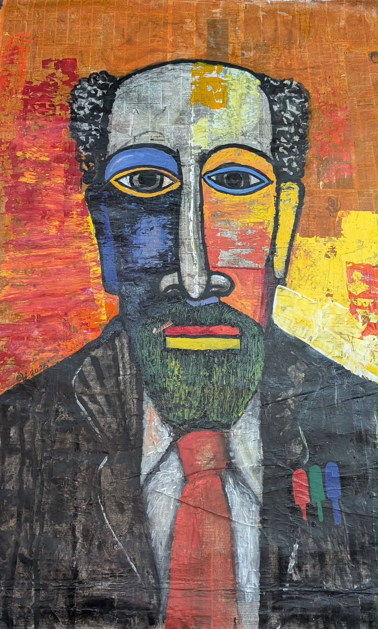 A frontal portrait of a man in a suit and red tie, with a multicoloured face over newspaper.