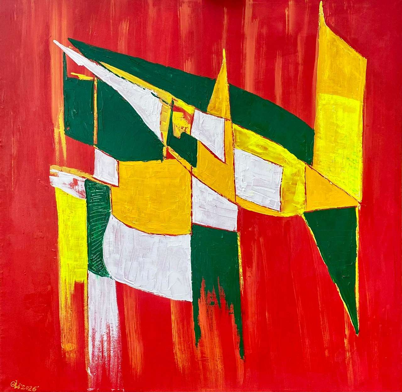 Red abstract painting with angular green, white and yellow forms.