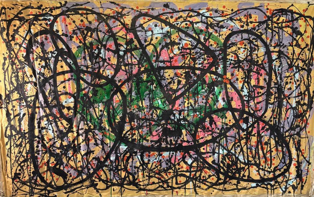 An energetic abstract composition of looping black lines and colorful marks.